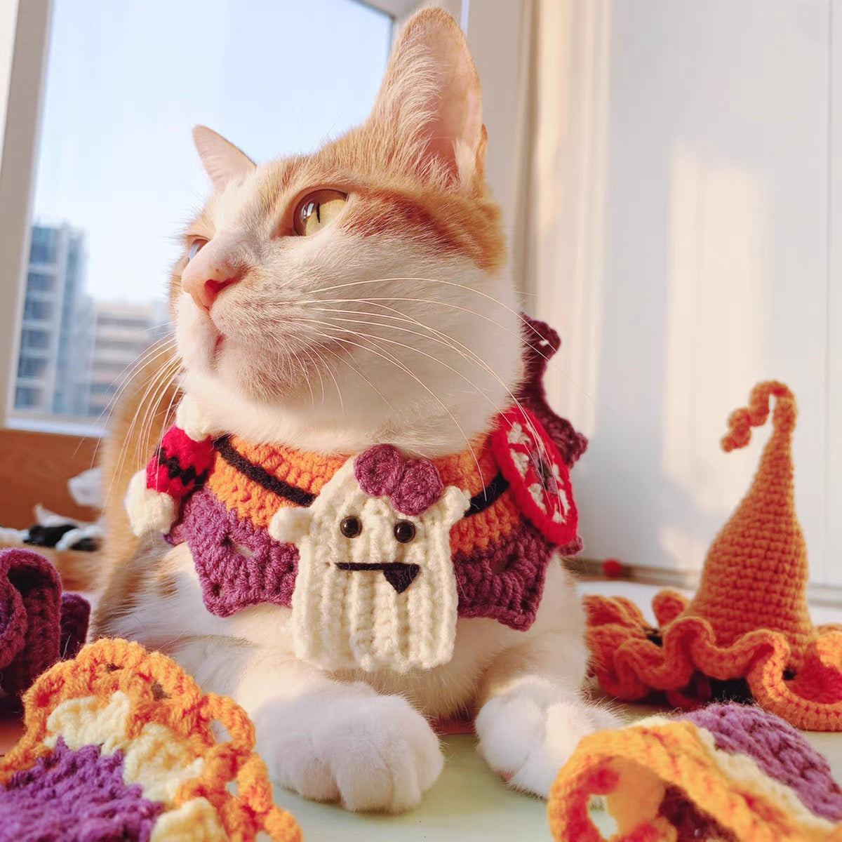 Pumpkin & Ghost Crochet Adjustable Hat & Bib for Cats and Dogs - Lil Wild Pets