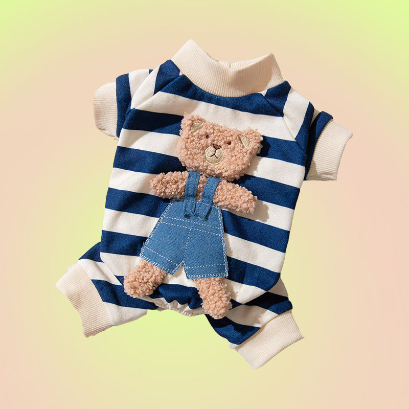 Teddy Bear Blue Stripe Soft Onesie Pajama T-Shirt for Cats and Dogs - Lil Wild Pets