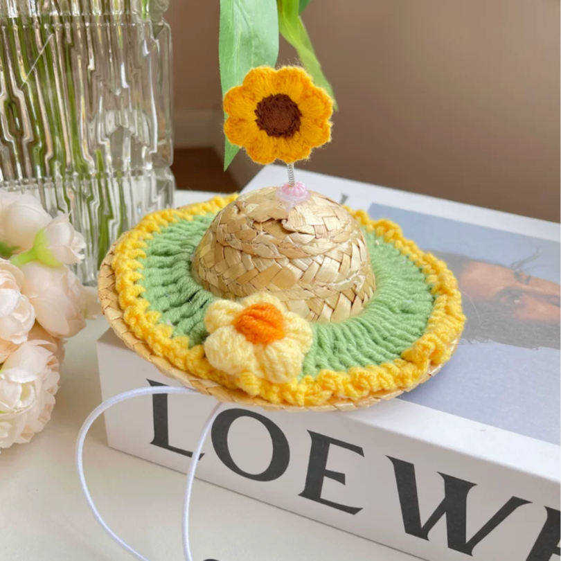 Handmade Sunflower Pet Adjustable Straw Hat