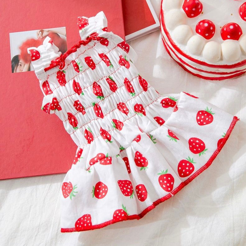Pink Strawberry Pleated Cotton Princess Summer Dress for Cats and Dogs - Lil Wild Pets