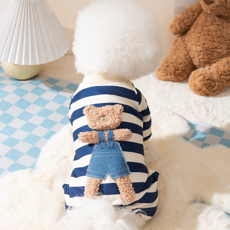 Teddy Bear Blue Stripe Soft Onesie Pajama T-Shirt for Cats and Dogs - Lil Wild Pets