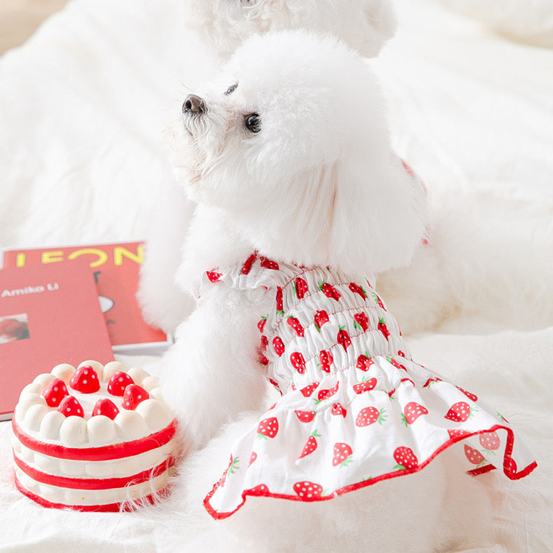 Pink Strawberry Pleated Cotton Princess Summer Dress for Cats and Dogs - Lil Wild Pets