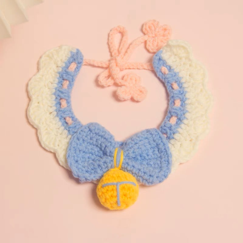 Blue Bow with Bell Knit Handmade Crochet Bib Accessory for Cats and Dogs - Lil Wild Pets