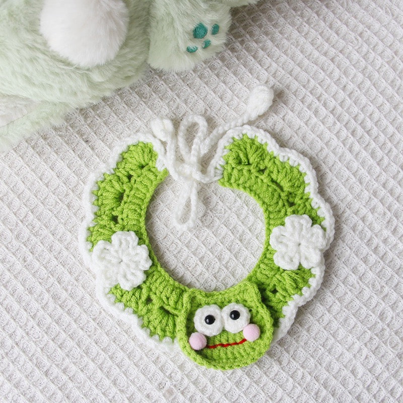 Green Froggy Knit Handmade Crochet Pet Bib Accessory Collar for Cats and Dogs - Lil Wild Pets