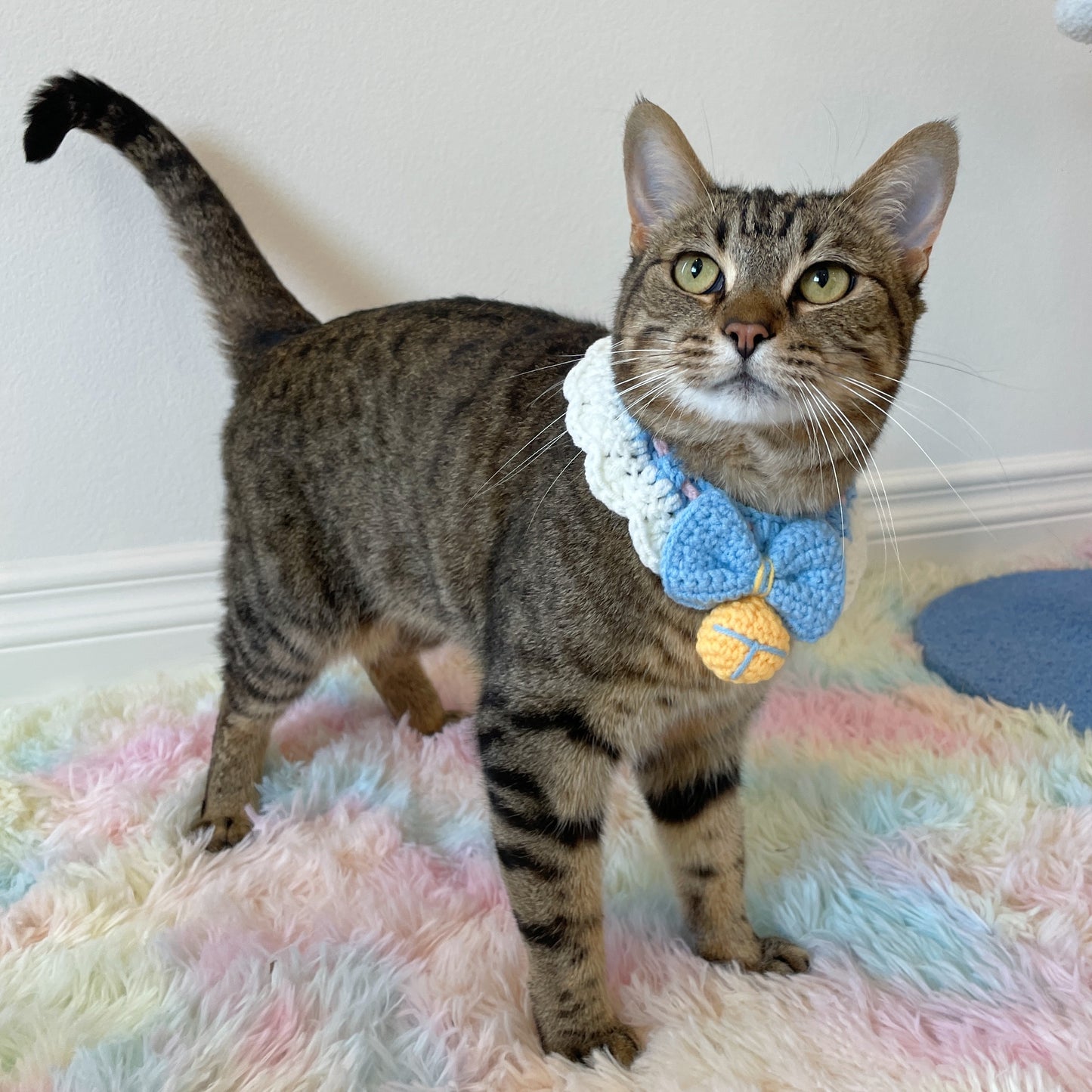 Blue Bow with Bell Knit Handmade Crochet Bib Accessory for Cats and Dogs - Lil Wild Pets