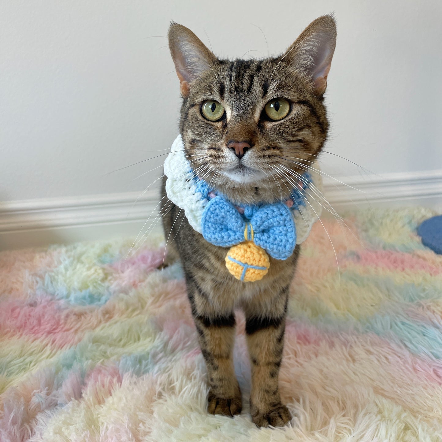 Blue Bow with Bell Knit Handmade Crochet Bib Accessory for Cats and Dogs - Lil Wild Pets