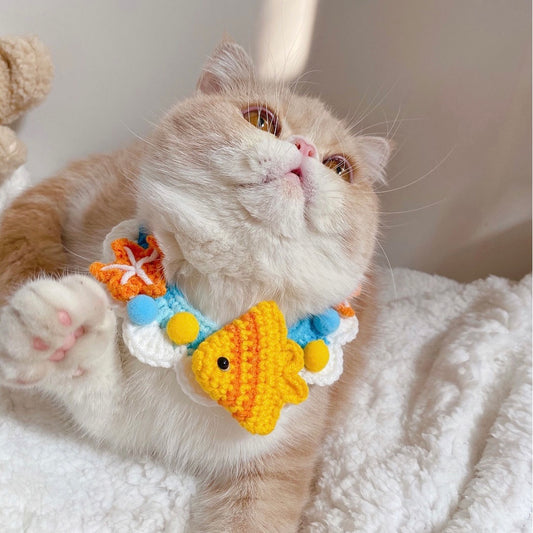 Blue Fish Knit Handmade Crochet Pet Bib Accessory Collar for Cats and Dogs - Lil Wild Pets