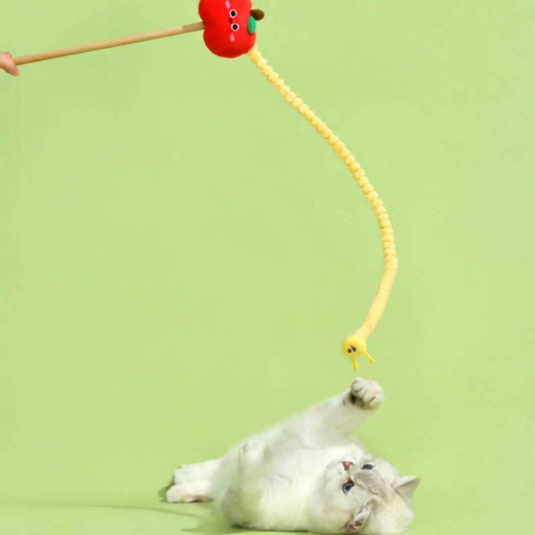 Catnip Apple Fuzzy Caterpillar Cat Teaser Wand Toy