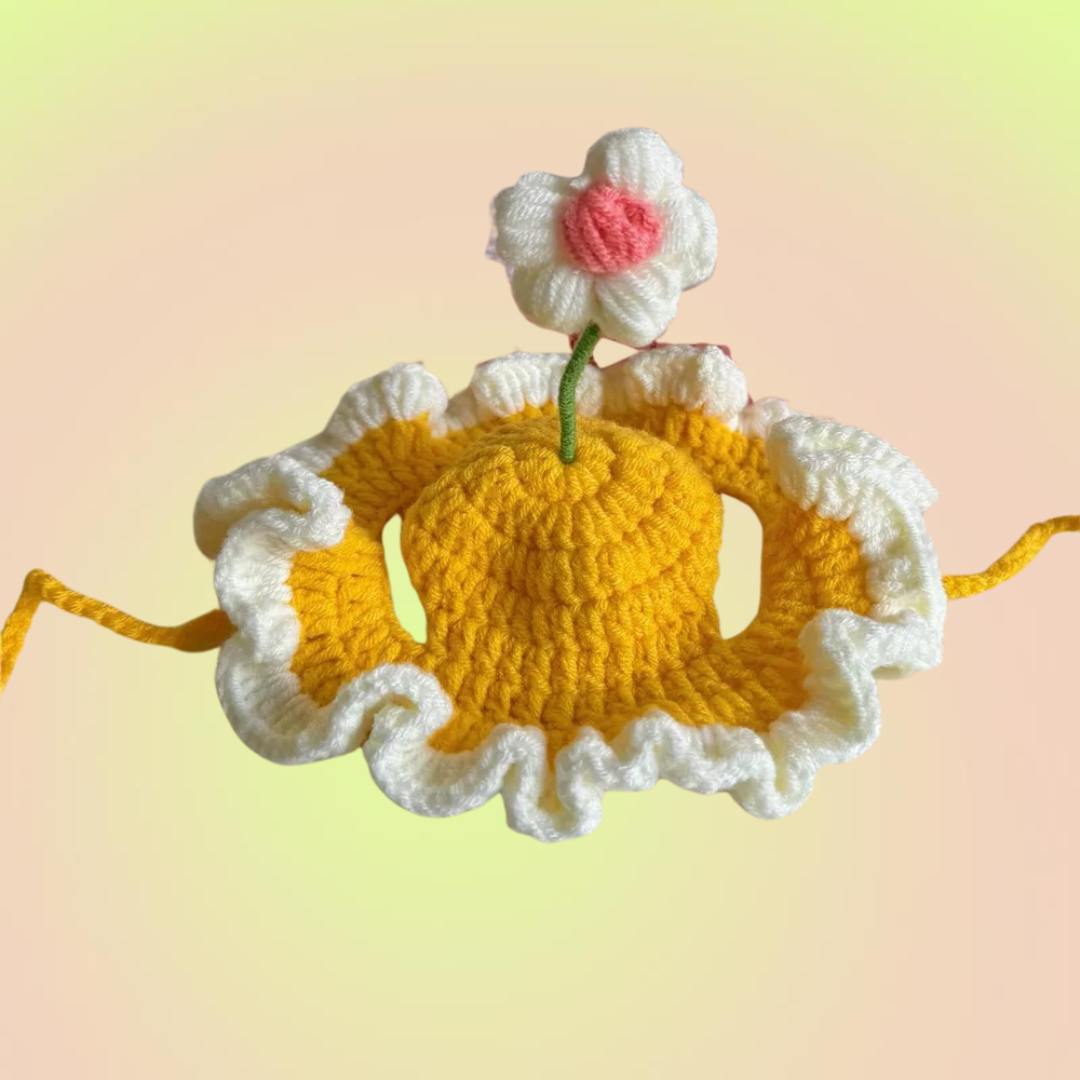 Pet Adjustable Knitting Hat with Ear Holes for Cats and Dogs - Yellow Flower - Lil Wild Pets