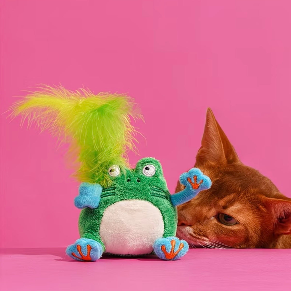 Touch-Activated Green Frog Catnip Feather Sound Cat Toy