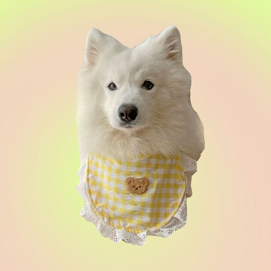 Lace Yellow Check with Bear Double-Sided Drool Bib Accessory for Big Dogs - Lil Wild Pets