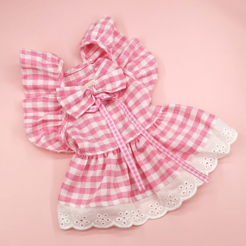 Pink Checkered Barbie Dress with Pink Bow for Cats and Dogs M (6-8lb)