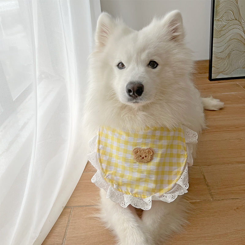 Lace Yellow Check with Bear Double-Sided Drool Bib Accessory for Big Dogs - Lil Wild Pets