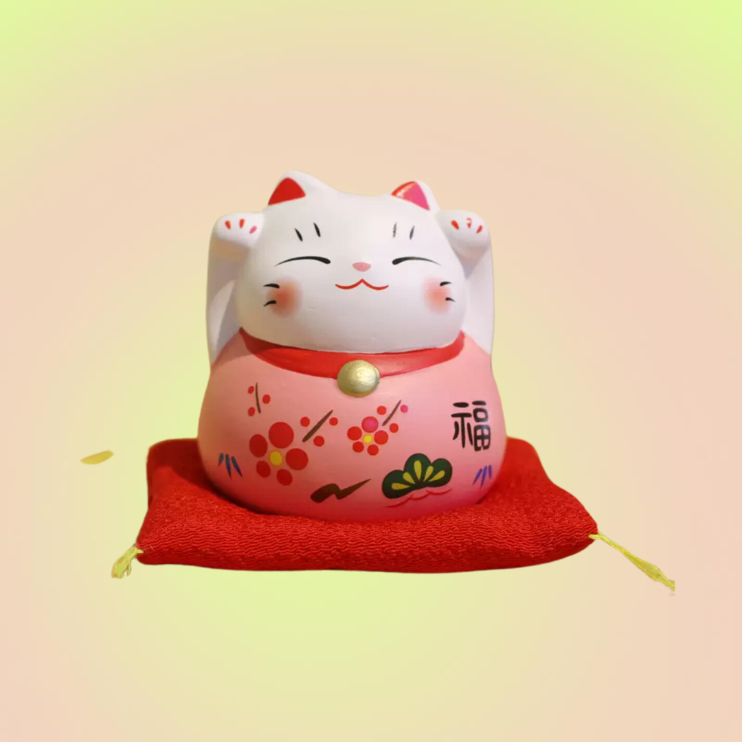 Ceramic Maneki Neko Pink Luck and Love Cat - 3in