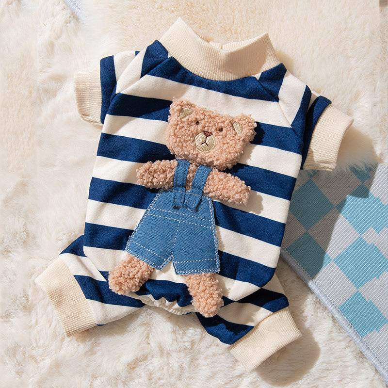 Teddy Bear Blue Stripe Soft Onesie Pajama T-Shirt for Cats and Dogs - Lil Wild Pets