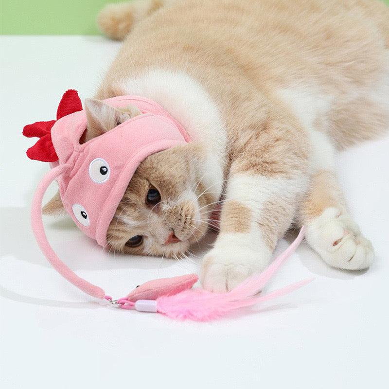 Angler Fish Cat Hat,Cat Costume Fish Hat Pet Cat Teaser Toy Hat, Head  Mounted Cat Headgear Interactive Cat hat Feather Toy Pink 