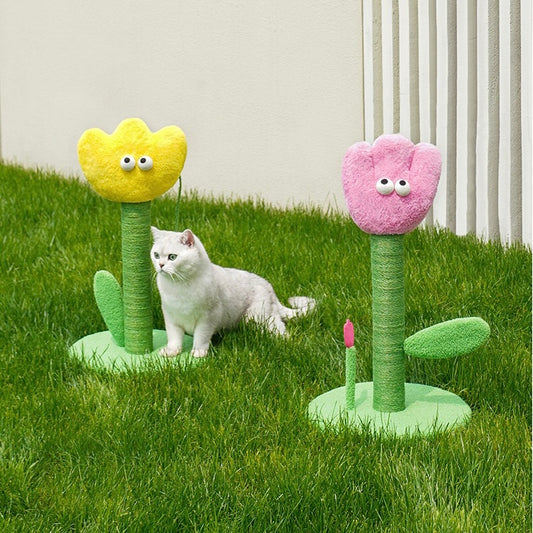 Plush flower tulip cat tree scratching post in pink and yellow, cute cat furniture. 