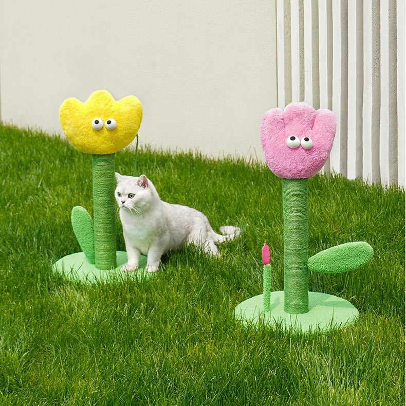 Plush flower tulip cat tree scratching post in pink and yellow, cute cat furniture. 